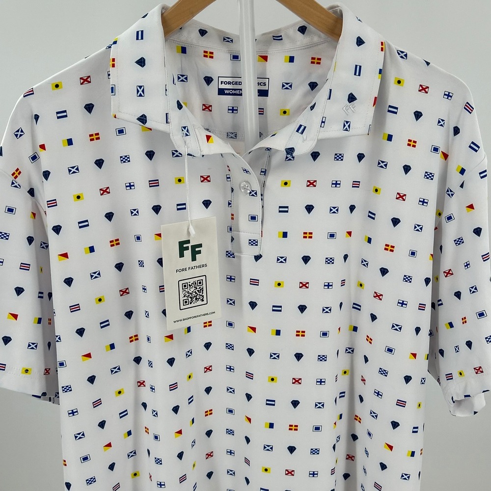 Fore Fathers Womens 2XL Golf‎ Polo Nautical Flags Print Performance Shirt NWT